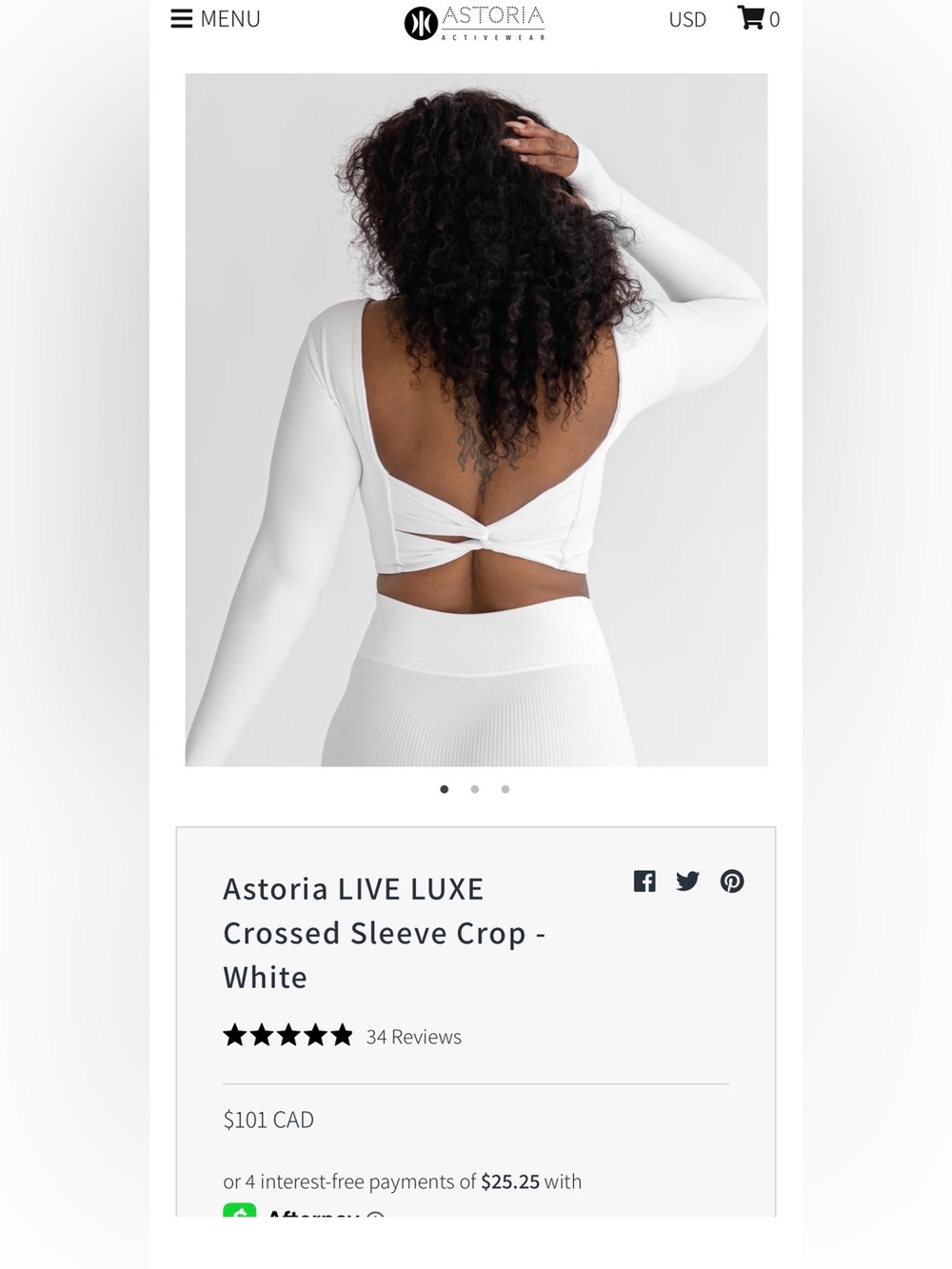 ASTORIA Live Luxe Crossed Sleeve Crop ~ White ~ Large